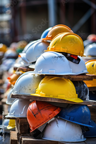 Stack of Safety helmets, white blue and yellow helmets in construction site. for safety accident stack on floor at workplace in construction site building background. industry and construction concept