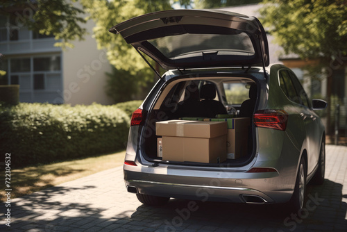 Open trunk of a car with suitcases and belongings, moving to another accommodation, moving out of a student's home or traveling concept. Rear view of the vehicle at the door of the house