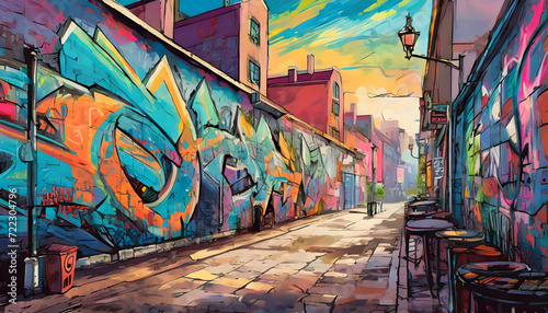 urban setting with a graffiti-covered wall, offering a vibrant and edgy atmosphere.