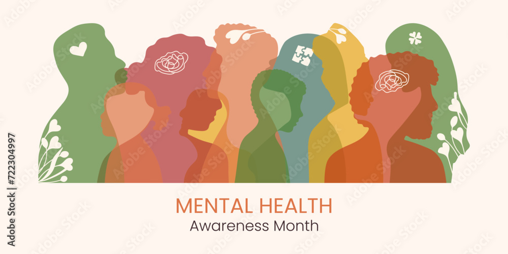 Diversity people Mental Health Awareness month Banner in May. Horizontal design with person silhouette. Psychological well-being presentation. Reminding about importance of good state of Mind