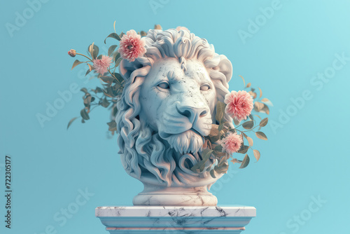 Fotografia lion marble head plinth statue on pastel background with floral decoration