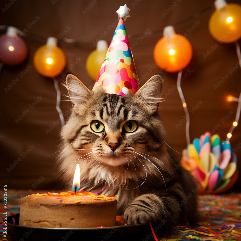 Cat in party hat with brown birthday cake Cat in party hat with brown birthday cake