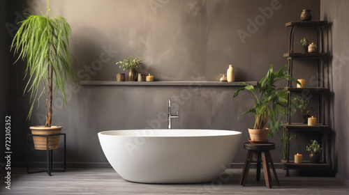 The interior of a modern bathroom in grey shades with a round bathtub in the middle.