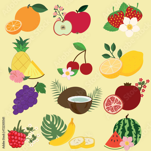 Set  colorful fruits and berries. Natural tropical fruits. Apple, peach, strawberry, banana, pomegranate, pineapple, pear, orange, strawberry, grape, cherry. Organic, vegan food illustration photo