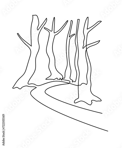 Trees without foliage near a path in a garden or park. A place to relax in nature. Continuous line drawing illustration.