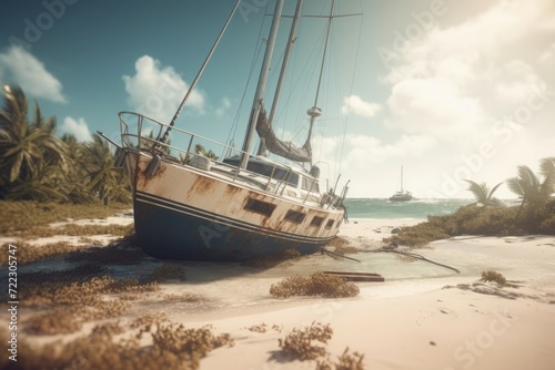 Sailing boat destroyed after marine storm. Battered yacht hurricane wreckage on beach. Generate ai