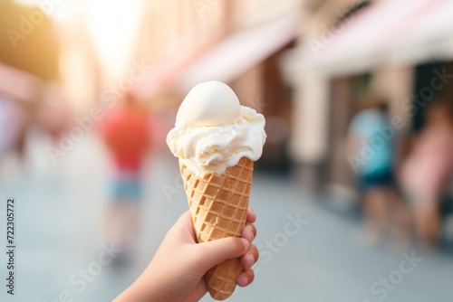 Hand holding delicious ice cream on a blurred street background