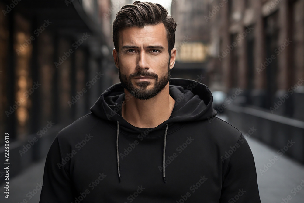 Fototapeta premium Handsome young man in black hoodie looking at camera while standing outdoors