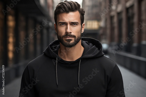 Handsome young man in black hoodie looking at camera while standing outdoors