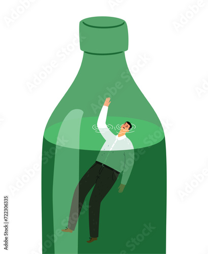 Alcohol addiction. Alcoholic is drowning in a bottle. Alcohol abuse concept vector illustration