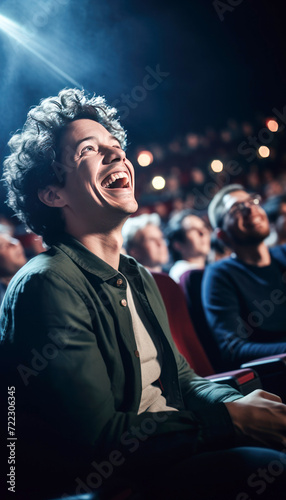 Young indian man laughing while watching comedy show
