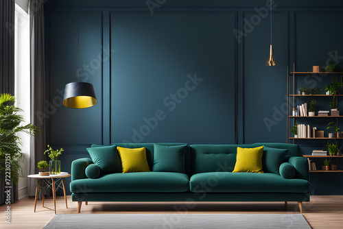 Bright and cozy modern living room interior with green sofa and decoration room on empty dark blue or green wall background 