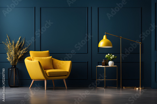 Living room with yellow armchair on empty dark blue wall background