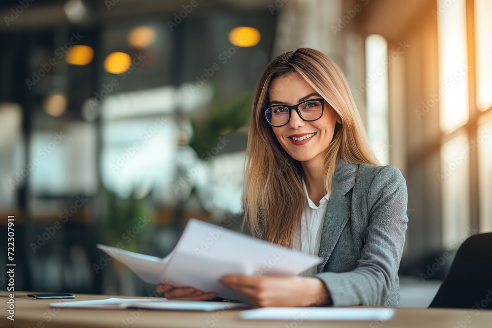 photo smiling businesswoman wearing sunglasses working at a table in the office and Opening file. Lawyer, photo smiling businesswoman wearing sunglasses working at a table in the office and Opening file. Lawyer,