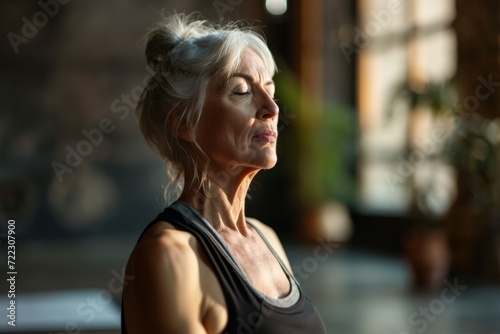Portrait of elderly woman sits with closed eyes in the lotus position meditating in a yoga studio. Mental and spiritual health development at any age © Sunny