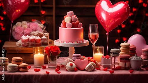 Saint Valentines Day with macarons sweets and candles, heart balloons and roses  photo