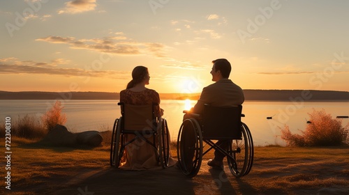 Romantic senior couple enjoying quality time by the sea husband in wheelchair with wife
