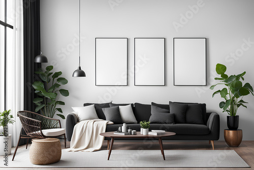 Mockup black poster frame and accessories décor in cozy white interior background 