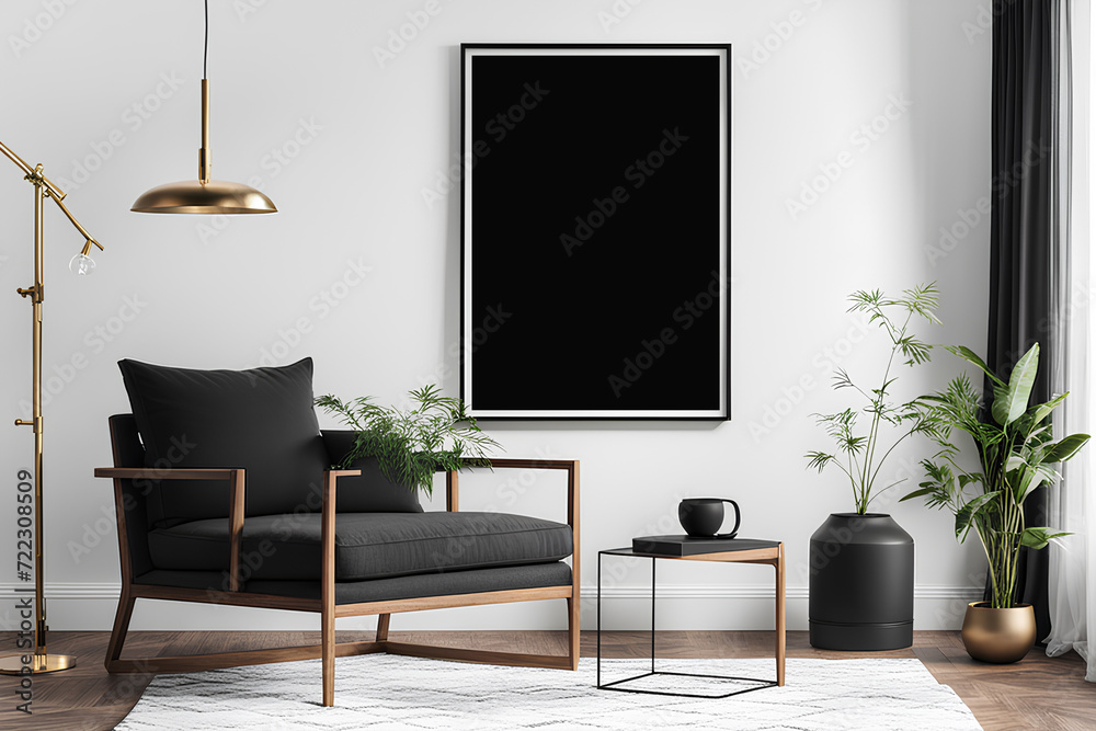 Mockup black poster frame and accessories décor in cozy white interior background Mockup black poster frame and accessories décor in cozy white interior background