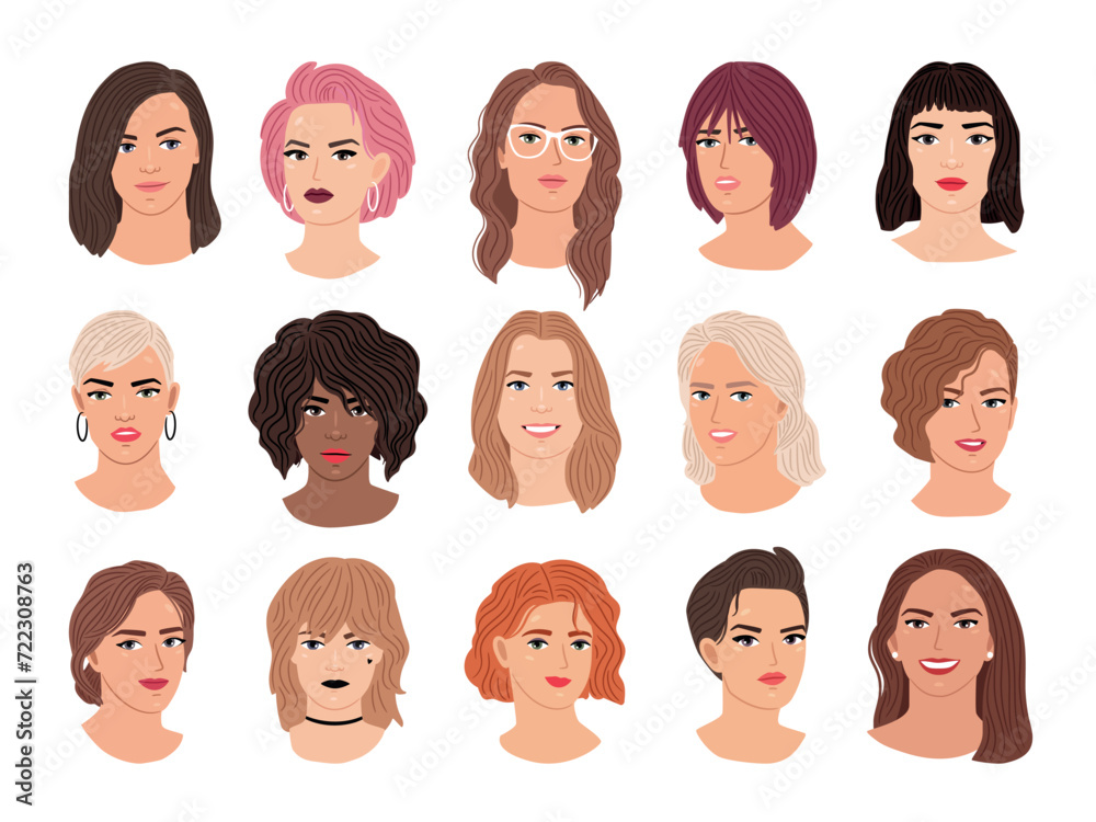 Female avatars set. Beautiful portrait of young woman with different hairstyles isolated on white background Female avatars set. Beautiful portrait of young woman with different hairstyles isolated on white background