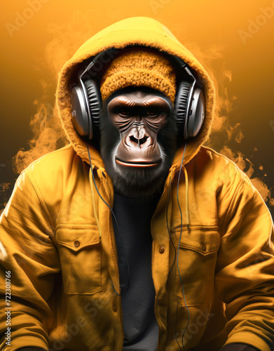Monkey or gorilla listening music with headphone