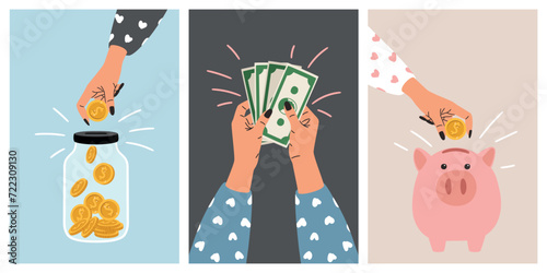 Hand puts money into a piggy bank. A woman hand replenishes a money box with coins. Finance, savings vector illustration