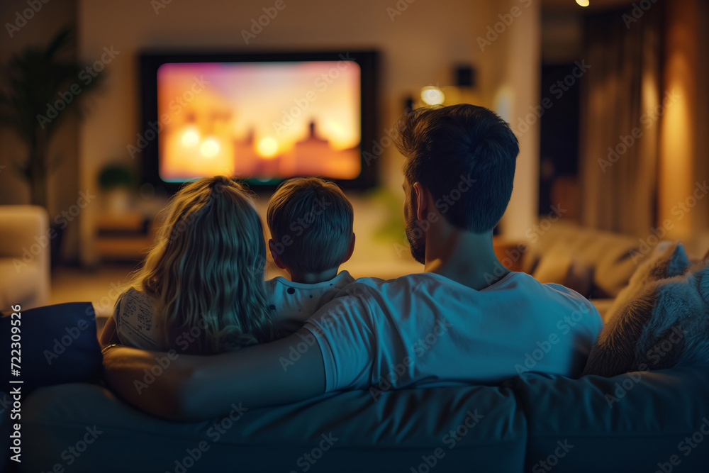 Back view of father and two kids sitting in front of tv. Children and parent watching television in dark living room. Films and movies for family. Appropriate content for kids. Back view of father and two kids sitting in front of tv. Children and parent watching television in dark living room. Films and movies for family. Appropriate content for kids.