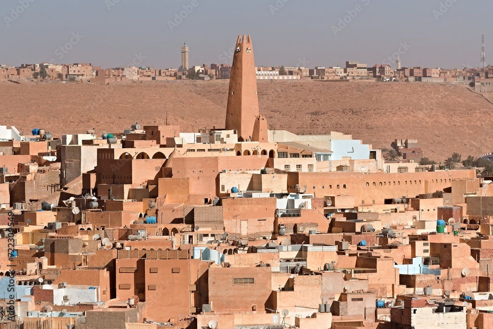 View of Bounoura city from El Atteuf city, near Ghardaia city. UNESCO World Heritage Site. M'Zab Valley, Sahara desert. Algeria. Africa.