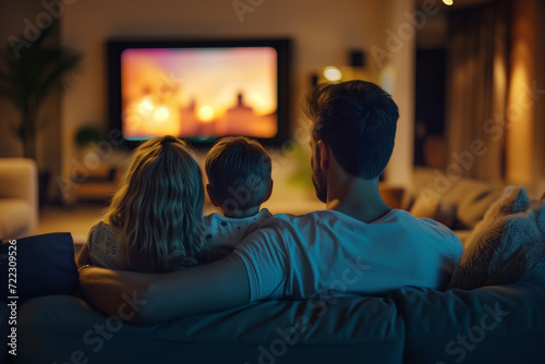Back view of father and two kids sitting in front of tv. Children and parent watching television in dark living room. Films and movies for family. Appropriate content for kids.