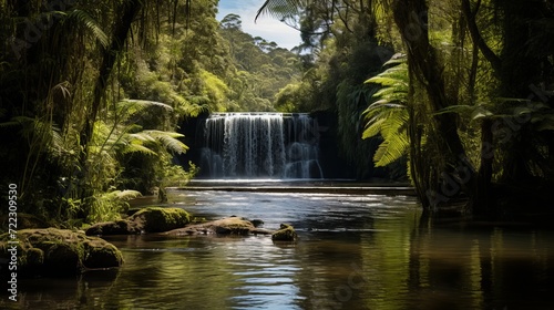 Tranquil park scene. captivating cascading waterfall amidst enchanting lush greenery