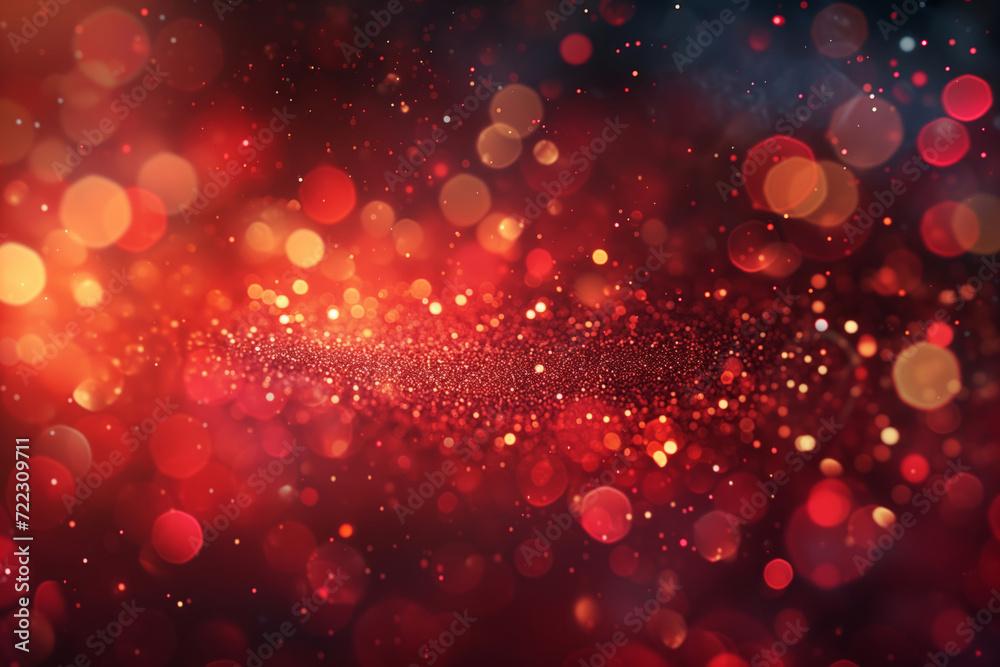 Abstract glittery banner with red shining particles on back background, sparkling light.