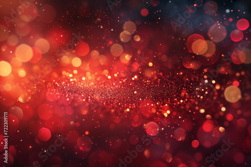 Abstract glittery banner with red shining particles on back background, sparkling light.