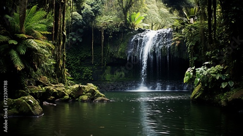Tranquil park landscape. majestic cascading waterfall amidst a serene tapestry of lush greenery