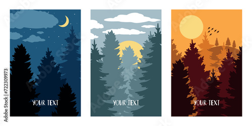 Night and morning landscapes with silhouettes of fir trees