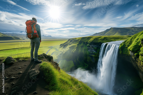 Male hiker with heavy backpack admiring scenic view of majestic waterfall. Breathtaking Icelandic nature. Hiking by foot.