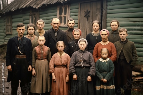 Vintage photo of a Family Portrait. 19th century, 18, Old Believers, Slavs, large family, traditional, village lifestyle, historical, past, culture, people, European, large families photo