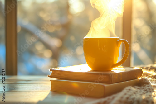 Cozy warm composition with yellow cup of hot coffee or tea and a book on sunny windowsill on spring day. Spring home decor. Easter. photo