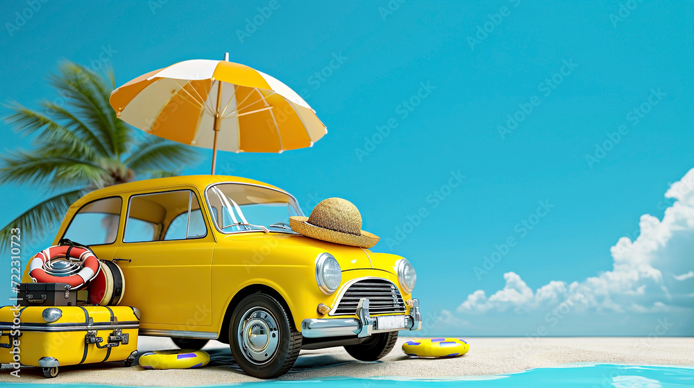 Yellow classic vintage car with various summer holiday accessories, on seashore with palm trees. Concept vacation travel