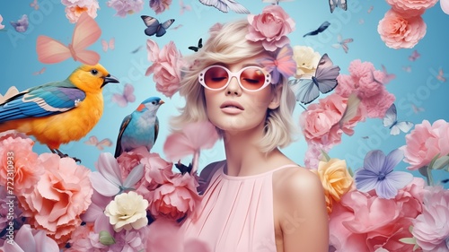 Art collage of woman with flowers, birds and butterflies in pastel color photo