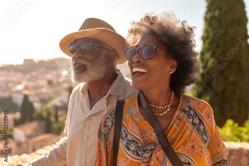 Beautiful black senior couple having fun while visiting small Italian town on sunny summer day. Elderly man and woman posing on city street.