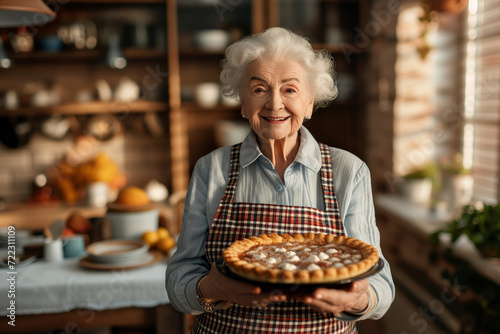 Happy cheerful senior woman holding freshly baked pie on her sunny kitchen. Grandma baking desserts for her grandchildren.