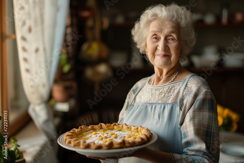 Happy cheerful senior woman holding freshly baked pie on her sunny kitchen. Grandma baking desserts for her grandchildren.