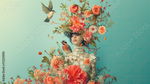 Abstract contemporary art collage portrait of young woman with flowers on head photo