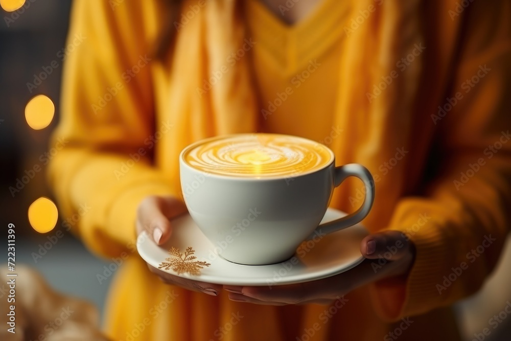 Turmeric latte. Yellow tea. A woman holds a mug of turmeric tea. Warming drink