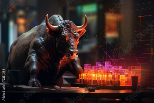 gold bull sculpture on chart background for business concept. Graph Stock Trading, crypto currency © zamuruev