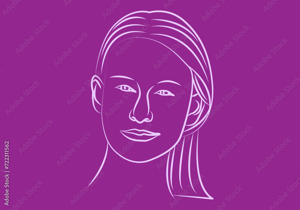 Rostro de mujer rosa en fondo morado. Rostro de mujer rosa en fondo morado.