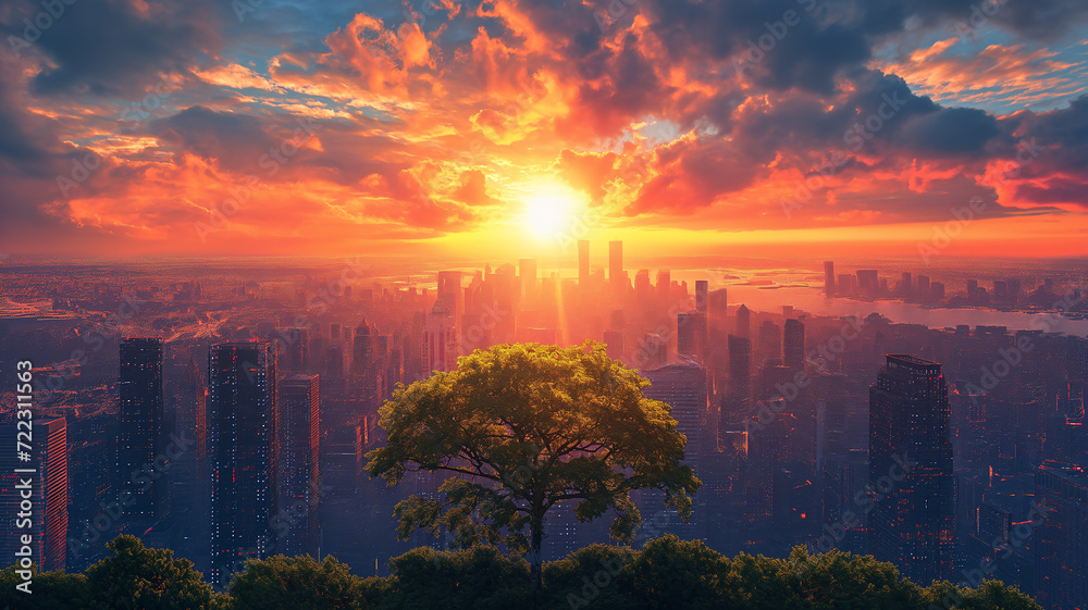 Fototapeta premium A landscape with the concept of global warming, urbanization and decrease in green areas