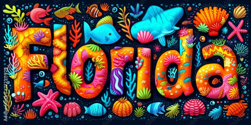 Graphic Florida Typography Featuring Sea Animals and Corals