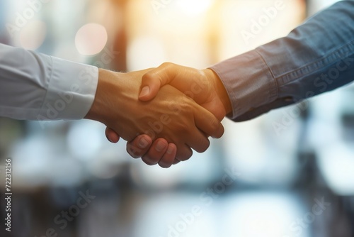 a close-up woman shakes hands with a man at the office, camera focus in hand, in the style of human-canvas integration, candid, business concept