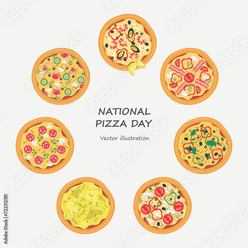 National Pizza Day vector. Different kinds of round pizza vector. Whole pizza top view icon set. Pizza Day Poster, February 9.